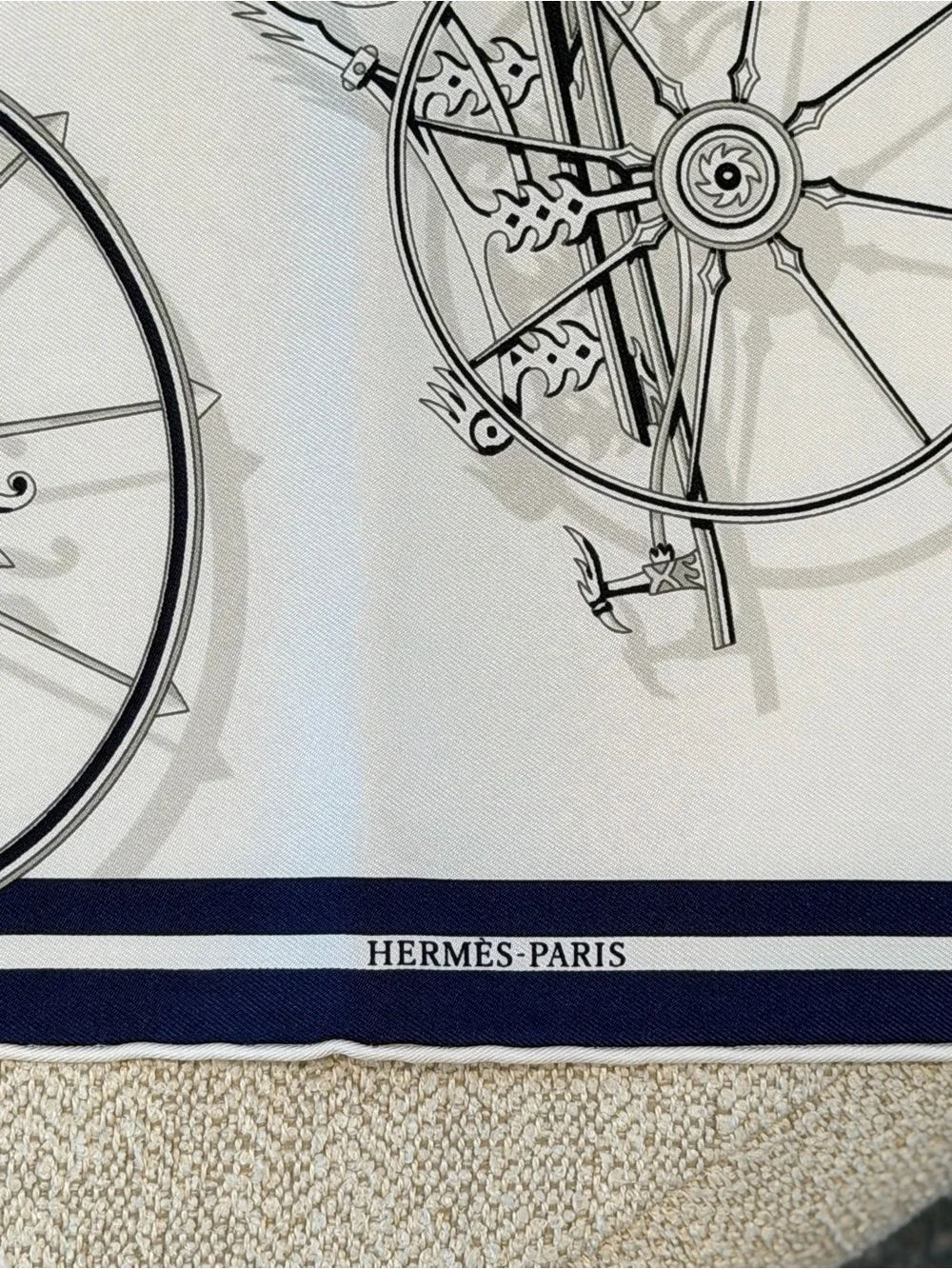 Authentic Hermes Hermès Voitures en Equilibre 45 Silk Scarf Navy and White